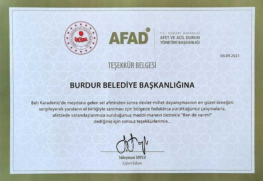 Bakan Soylu’dan Burdur Belediye Başkanlığına Teşekkür Belgesi