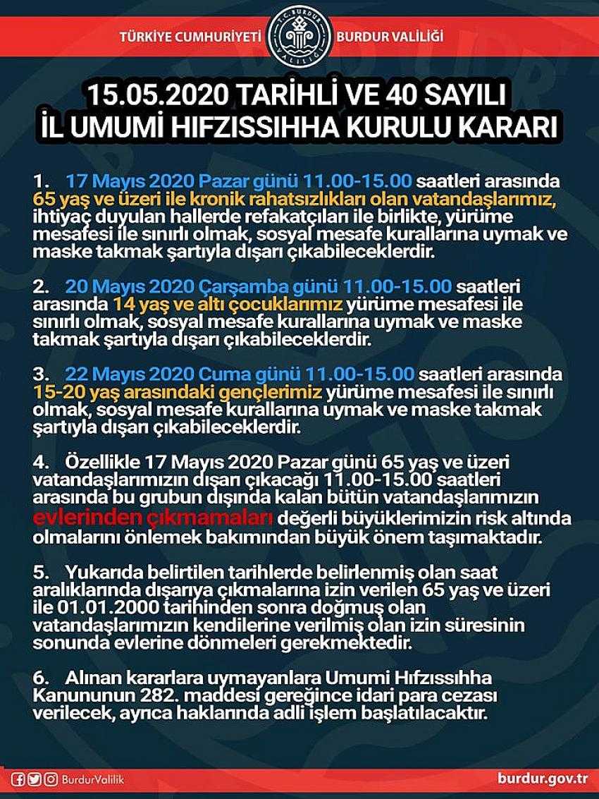 15.05.2020 TARİHLİ VE 40 SAYILI İL UMUMİ HIFZISSIHHA KURULU KARARI