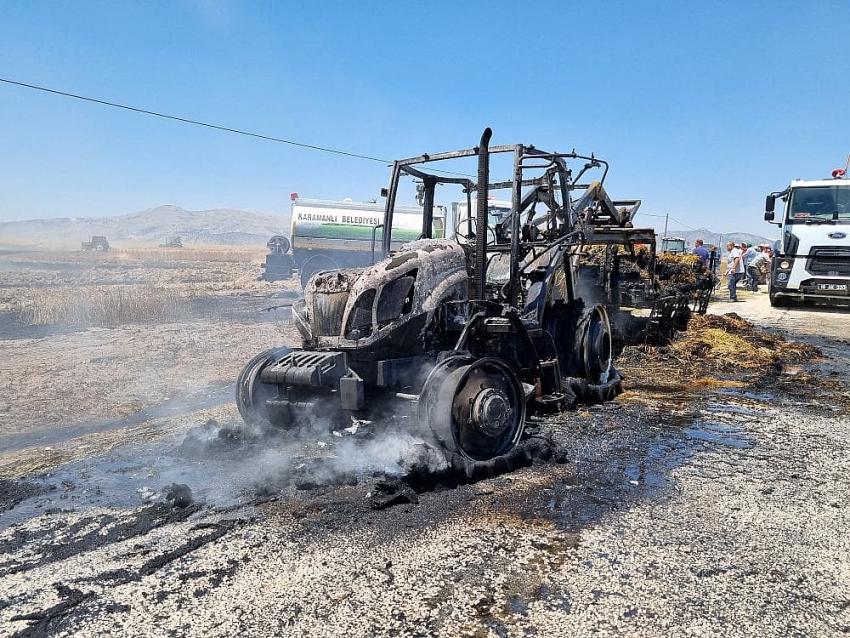 Burdur’da saman yüklü traktörde çıkan yangında 30 dönüm ekili tarla zarar gördü