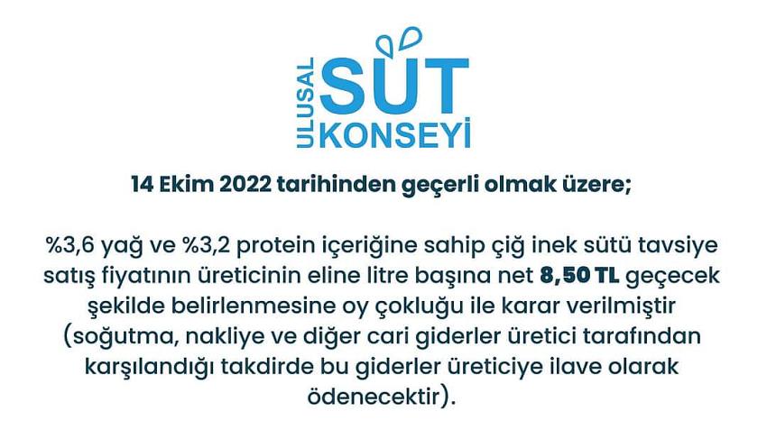 ULUSAL SÜT KONSEYİ, ÇİĞ İNEK SÜTÜ TAVSİYE SATIŞ FİYATINI LİTRE BAŞINA NET 8,50 TL OLARAK AÇIKLADI